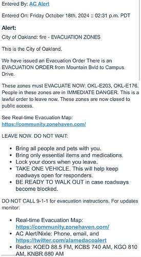 “City of Oakland fire - EVACUATION ZONES” from AC Alert  Nixle